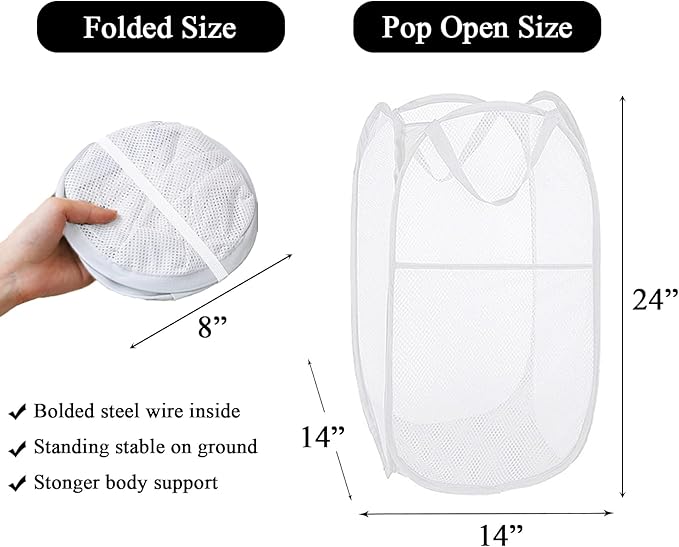 Larpur Popup Laundry Basket, Mesh Clothes Hamper Portable Laundry Hamper with Reinforced Carry Handles, Collapsible for Storage (White)
