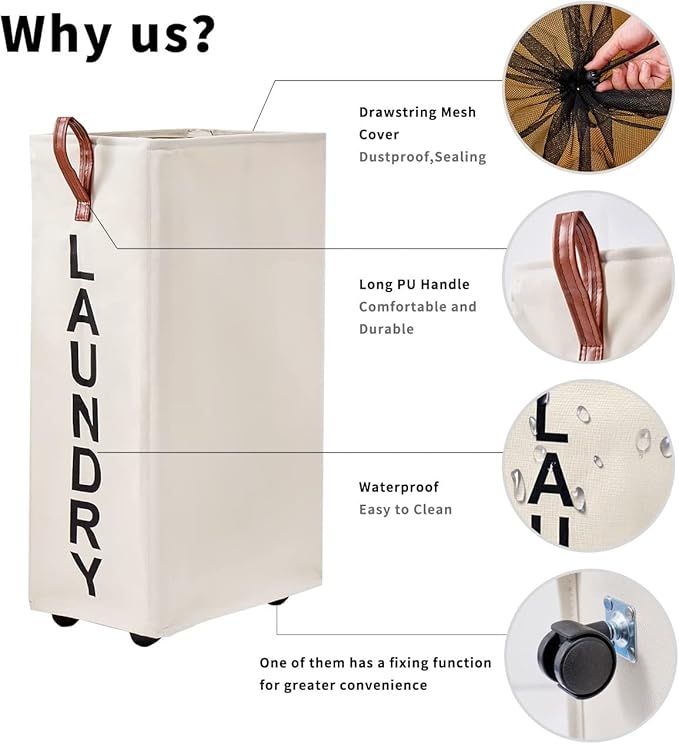 70L Large Rolling Laundry Hamper - Tall Narrow Basket With Wheels, Slim Clothes Bin, 27.5" Beige