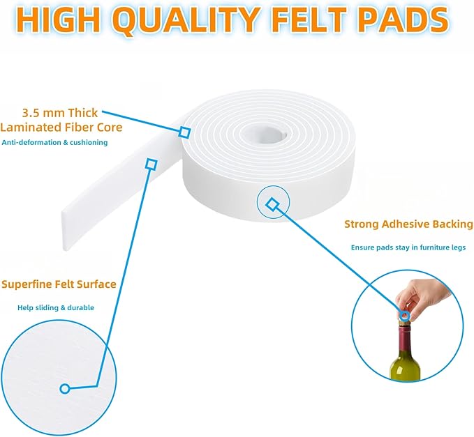 Furnigear Felt Strips with Adhesive Backing Heavy Duty Cuttable Felt Tape Roll Furniture Pads for Chair Legs - Protecting Hardwood Floors, Chair Wall Protector (White, 80 x 0.5 x 0.14 Inch)