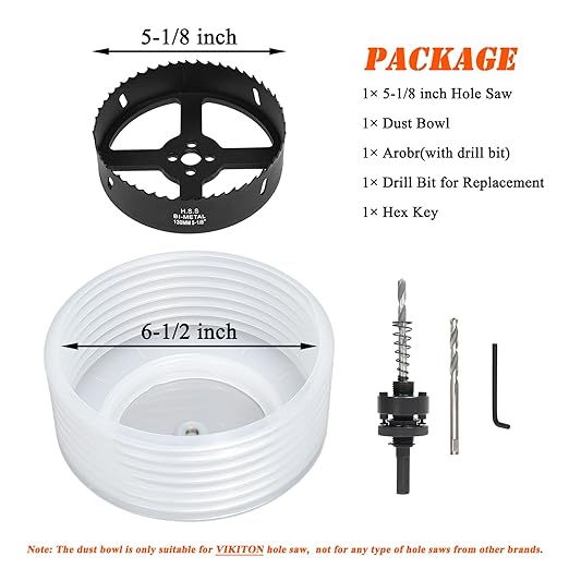 5-1/8 Hole Saw for Recessed Lights, 5.1 Inch Hole Cutter with Dust Bowl Catcher for Led Recessed Lighting 5 Inch and Wood Metal Drywall, Bi-Metal Construction, Black