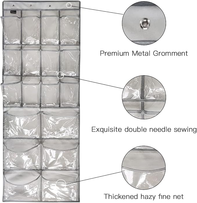 TidyMaster Extra Large Hanging Crystal Clear Over Door Shoe Organizer, Closet Shoe Rack with 12+6 Pockets, 8 Hooks, Grey (59"x 21.6")