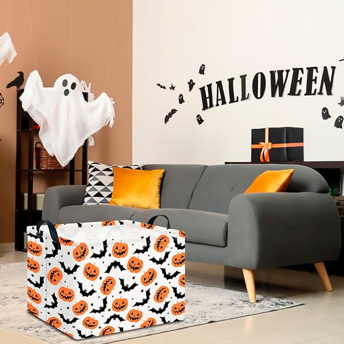CLOCOR Rectangular Storage Basket Empty, Gift Basket for Halloween, Waterproof Storage Bin with Handles, Room Decor(Bat Pumpkin Halloween)
