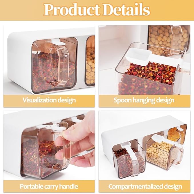 JIABEIUS 3-Grids Seasoning Box, Wall Mounted Salt Container with Spoon, Hanging Spice Drawer Organizer, Kitchen Condiment Jar with Label and Rack for Salt, Sugar, Pepper（White）