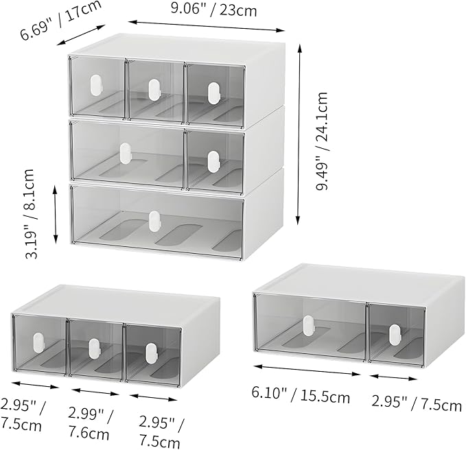 Desktop Storage Drawers, Plastic Desk Organizer with 6 Drawers, Modular Stackable Toolbox Units for Office Stationary, Makeup Container, Bathroom Countertop (3 Tiers, White & Clear)