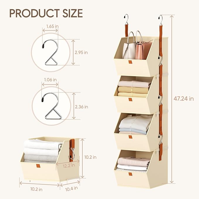 Hanging Closet Organizer 4 Tier - Clothes Hanging Shelves, Space-Saving Closet System, Fabric Storage Bins Bedroom Organization, Collapsible Baskets for Home, Dorm, Rv, Beige, 8 Pack