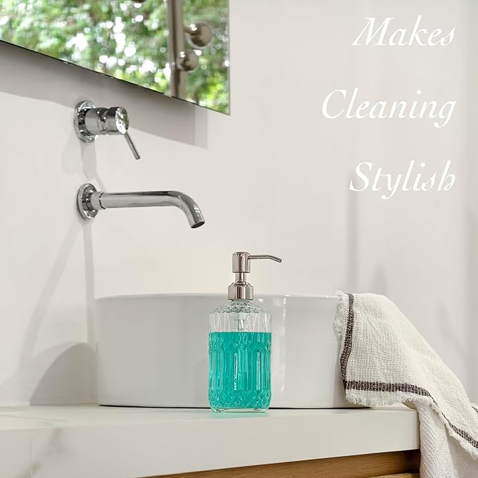 JASAI 18 Oz Embossed Clear Glass Soap Dispenser with Rust Proof Pump, Refillable Dish soap Dispenser for Kitchen, Premium Bathroom Soap Dispenser for Hand soap, Lotion (Clear).