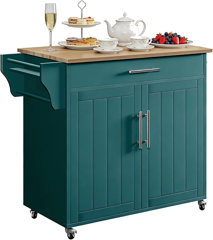 Kitchen Storage Island, Wooden Rolling Kitchen Island On Wheels with Countertop, Mobile Kitchen Island Cart with Towel Rack, Spice Rack and Drawers, Green