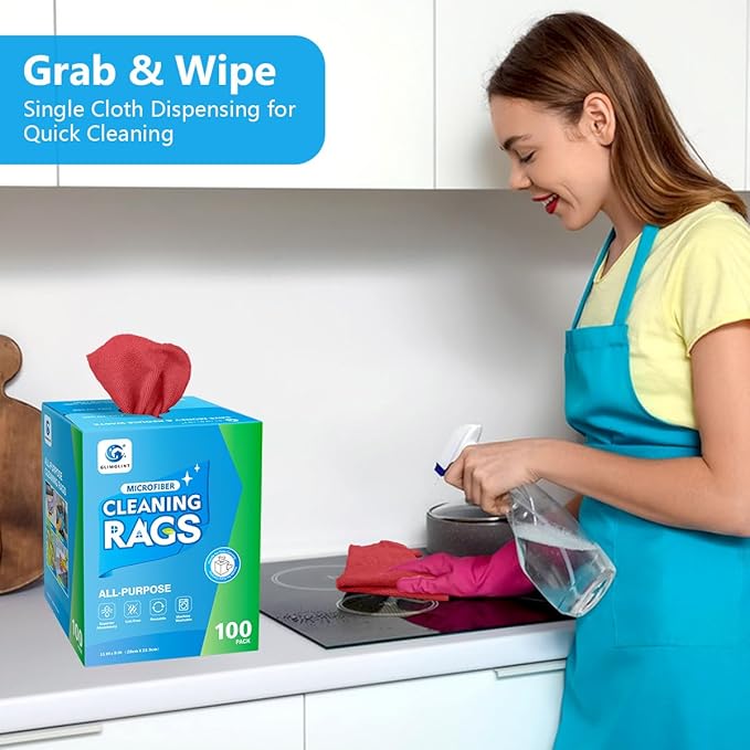 GLIMGLINT Red Microfiber Cleaning Cloth, 100 Pack Cleaning Rags, Lint-Free, Ultra Absorbent Reusable Paper Towels for Home, Kitchen, Car, Garage or Shop, Dish Rags, 11" x 9"