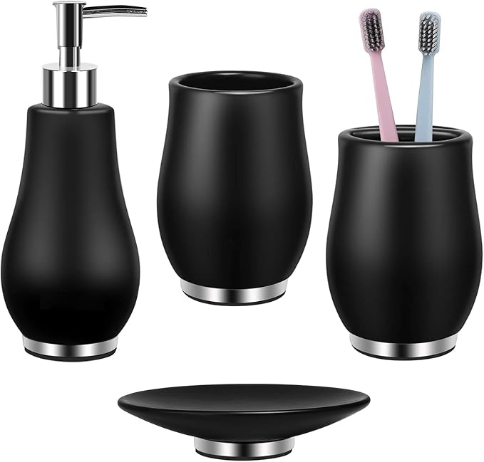 Bathroom Accessories Set 4 Pcs Toothbrush Holder Soap Dispenser Ceramic Bathroom Accessory Set with Toothbrush Cup Soap Dish Tumbler Black