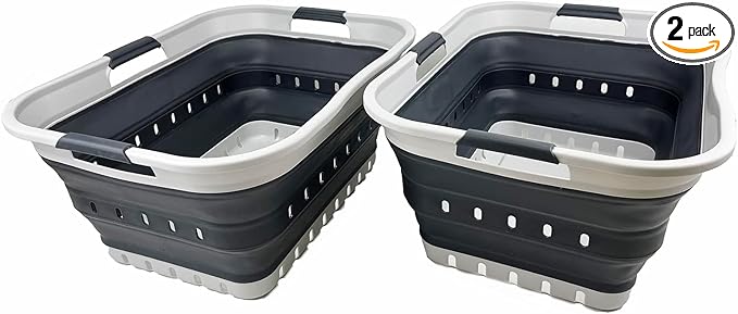SAMMART 42L (11 gallon) Collapsible Plastic Laundry Basket - Foldable Pop Up Storage Container/Organizer - Portable Basket - Space Saving Hamper/Basket (Grey/Charcoal Black (Set of 2))