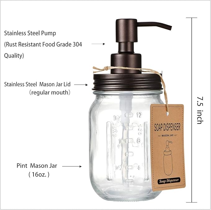 Amolliar Mason Jar Liquid Soap Dispensers, Rustproof Stainless Steel Mason Jar Lid Pump, Refill Hand Soap, Lotions, Dish Soap, Liquid Soap, Bath Soap, Farmhouse Decor for Bathroom, Kitchen 2PC(Bronze)