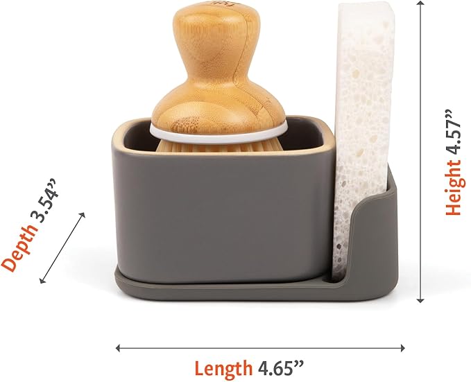 Full Circle Bubble Up Combo — Family Safe, Formaldehyde-Free – Gray Ceramic Soap Dish with Plant-Based Sponge & Bamboo Dish Brush – Versatile Kitchen Scrub Brush Set for Pots, Pans, Counter & Ovens