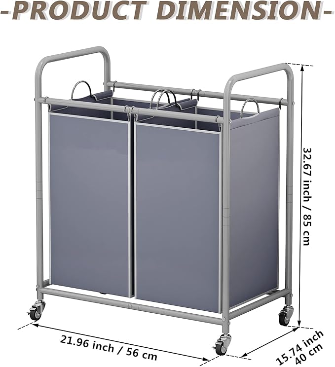 SUOERNUO Laundry Sorter Basket 2 Bag Laundry Hamper Cart with Rolling Lockable Wheels and Removable Bags Laundry Organizer Cart for Clothes Storage, Grey
