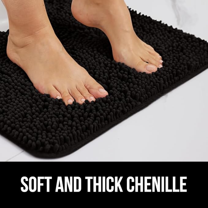 GORILLA GRIP Plush Absorbent Shaggy Chenille Bath Rug Mat for Oval Toilet Base with Rubber Backing, Machine Washable Rugs, Soft Microfiber Contour Mats for Toilets, Bathroom Decor, Black