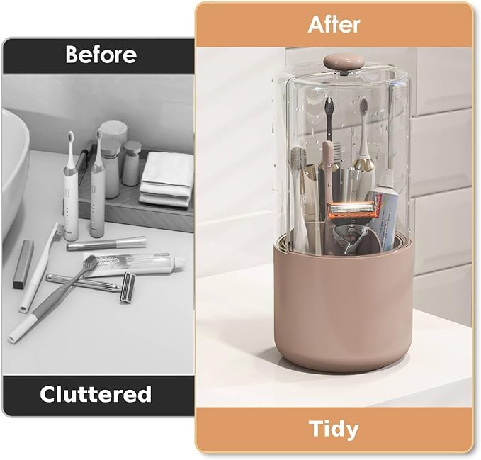 YOOLENS Toothbrush Holder with Cover 360 Rotating 4 Compartments Bathroom Toothpaste Electric Toothbrush Organizer, Pink