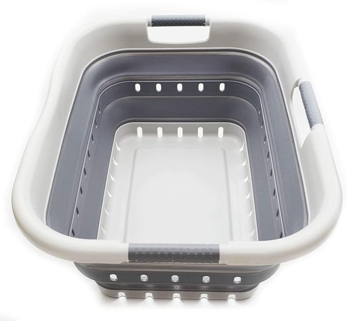 SAMMART 41L Collapsible 3 Handled Plastic Laundry Basket - Foldable Pop Up Storage Container/Organizer - Portable Basket - Space Saving Hamper/Basket (3 handled rectangular, Grey/Dark Grey)