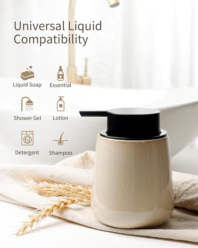 BosilunLife Foam Hand Soap Dispenser - 12 oz Bathroom Hand Pump Dispenser Foaming Soap Dispenser Ceramic Dish Liquid Dispenser for Kitchen, Greige with Speckle