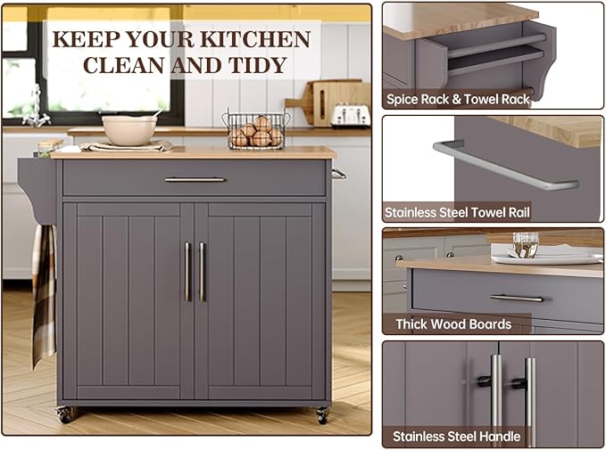 Kitchen Storage Island, Wooden Rolling Kitchen Island On Wheels with Countertop, Mobile Kitchen Island Cart with Towel Rack, Spice Rack and Drawers, Grey