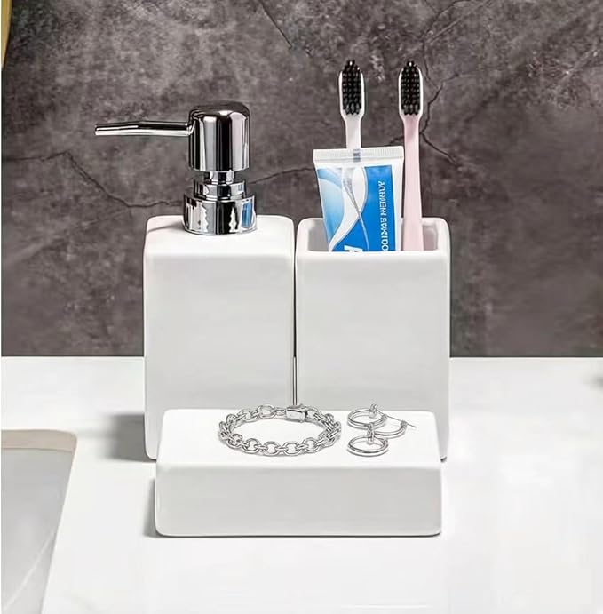 Toothbrush and Soap Holder,Bathroom Accessory Set 3 Pcs,Liquid Ceramic Soap Dispenser,Toothbrush Holder,Soap Dish,Modern White Countertop Bath Decor Set