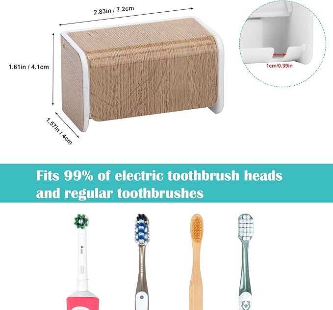 Toothbrush Holders Wall Mounted with Cover, Electric Tooth Brushing Holder for Bathroom, 2 Slots Self Adhesive Toothbrush Organizer, Toothbrush Stand for Family, Kids (1, Wood Grain)