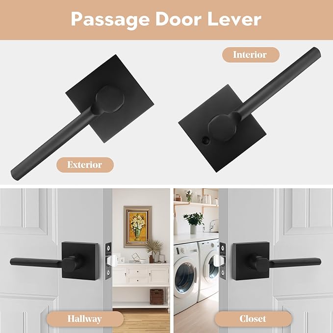Passage Square Keyless Door Handle Without Key,Only Latch Required,Interior Exterior Free Rotation/One-Touch Opening,Reversible Left Right Lever Lock,ADA-Compliant,for Hallway Closet