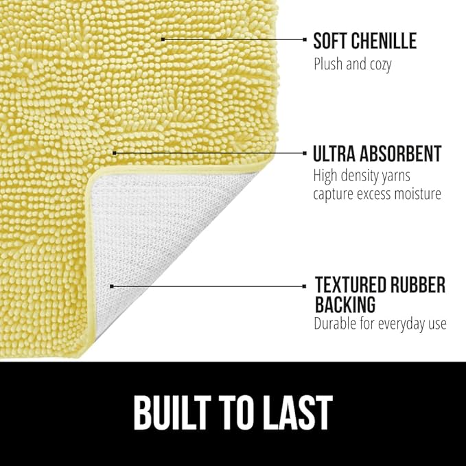 GORILLA GRIP Bath Rug Mat, Thick Soft Absorbent Chenille, Rubber Backing Quick Dry Microfiber Mats, Machine Washable Rugs for Shower Floor, Bathroom Runner Bathmat Accessories Décor, Contour, Yellow