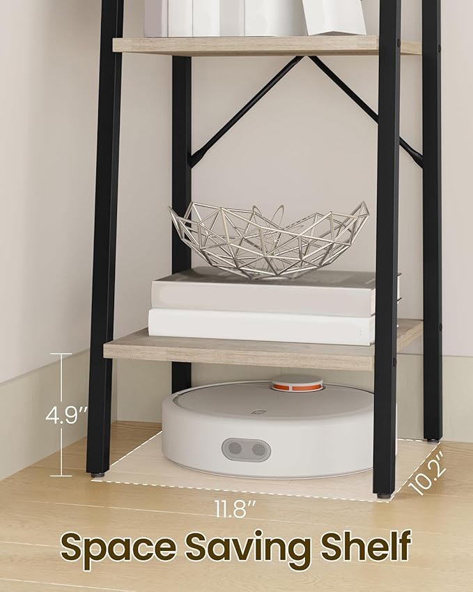 Ladder Shelf, Bookshelf Bookcase, Freestanding Corner Storage Shelve with 2 Hooks for Home Office, Living Room, Kitchen, Bedroom, Industrial, 11.8" D x 13.4" W x 63" H, Greige BC03205B