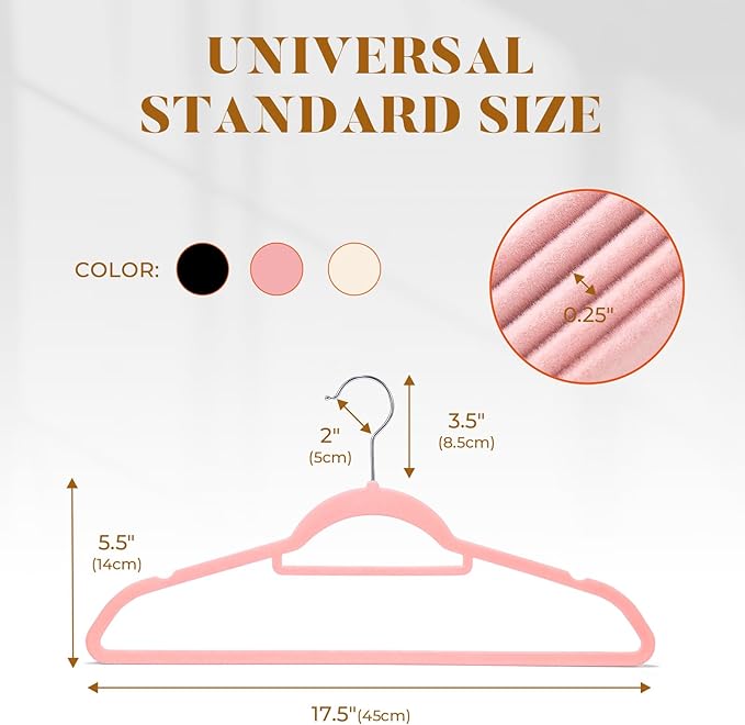 HOUSE DAY Velvet Hangers 20 Pack, Non-Slip Hangers with Tie Bar, Premium Standard Clothes Hangers Slim Felt Hanger 360° Swivel Hook for Closet Organized Storage Elegance Pink 72g/Pc