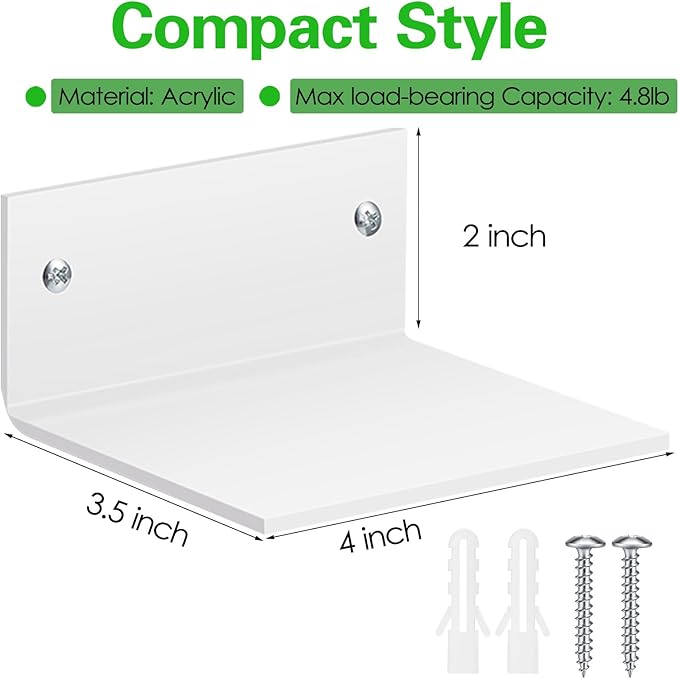 Juexica Small Acrylic Floating Shelves for Wall Adhesive Wall Mounted Shelves for Bathroom, Bedroom, Living Room, Office (White,20 Pcs)