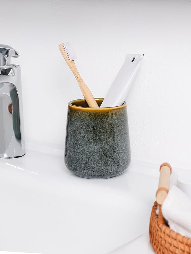 INGOFIN Ceramic Toothbrush Holder Cup, 12 oz Toothpaste Holder for Bathroom Vanity and Countertop, Organizer for Cosmetic, Makeup, Office Pencils, for Hotel Apartment, Kiln-Glazed