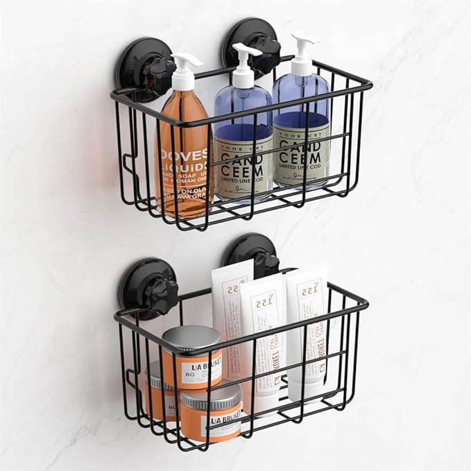 SANNO Suction Cup Shower Caddy Basket for Shampoo Combo Organizer Bathroom Basket Stainless Steel Holder for Bathroom Storage, Black