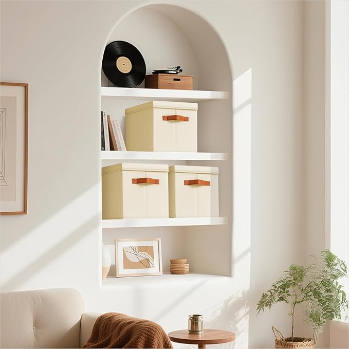 Storage Bins with Lids - Fabric Storage Baskets for Shelves, 6 Pack Foldable Decorative Boxes with Handles, Stackable Organizer Bins for Home, Nursery, Dorm, Beige