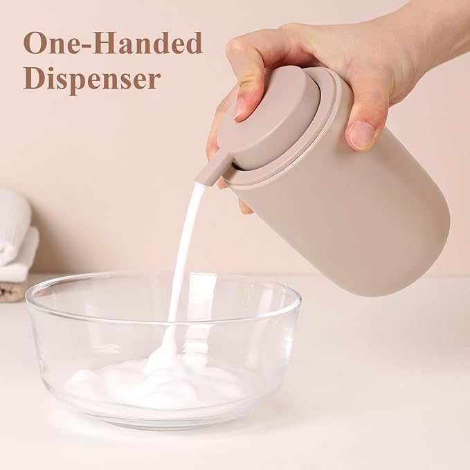 BosilunLife Foaming Soap Dispenser Set - Khaki Ceramic Foam Hand Dispenser 12oz Soap Dispenser Set with Rust Proof Pump, 4Pcs Clear Stickers for Kitchen, Bathroom - 2 Pack