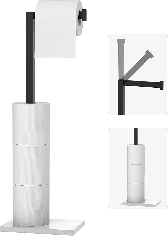 HOMEMYSTIQUE Free Standing Toilet Paper Holder Stand Matte Black SUS 304 Stainless Steel Rustproof 22" Rotating Bathroom Tissue Roll Holder for 4 Rolls with Marble Base