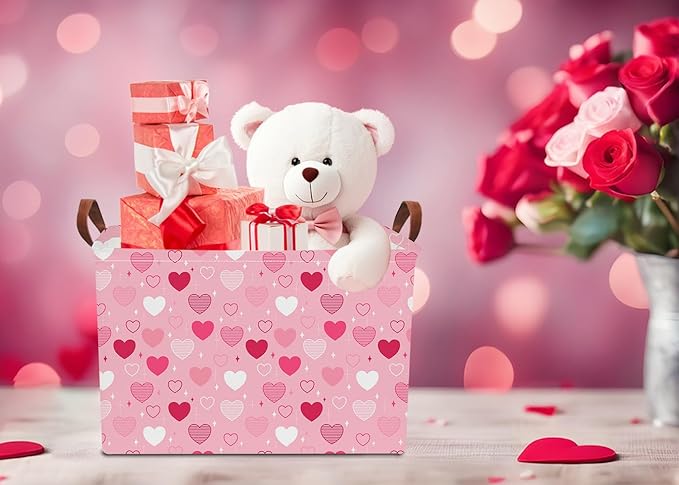 Rectangular Storage Basket Empty,Collapsible Gift Basket with Handles,Heart Print Basket, Books Box,Room Decor(Love You Heart)