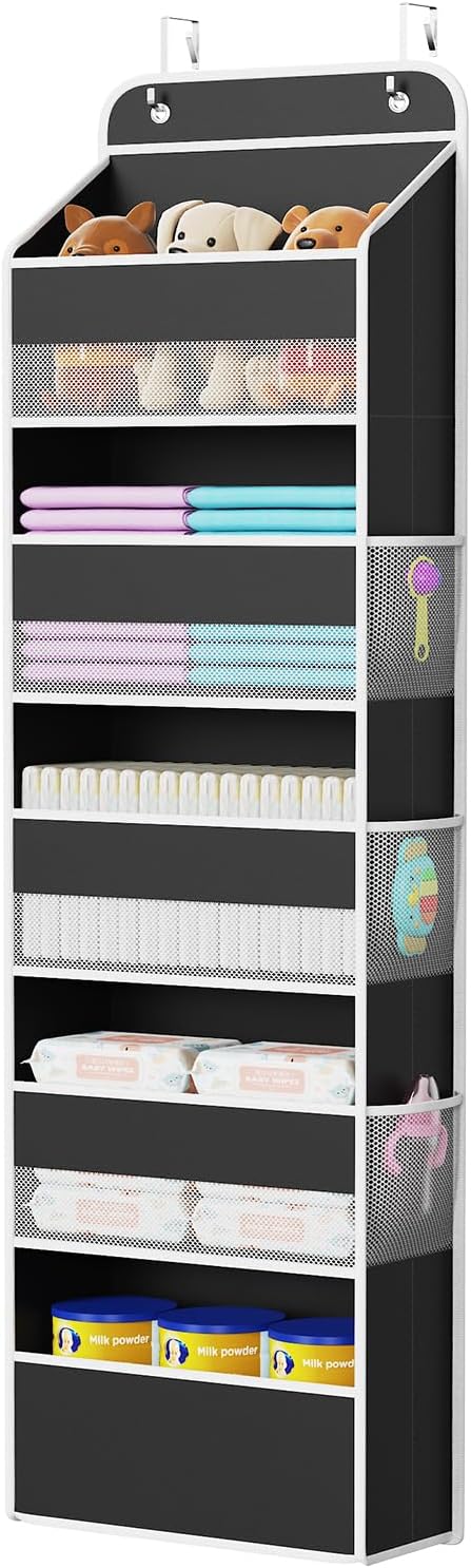 Univivi Hanging Storage Organizer Nursery Closet Cabinet Baby Storage with 5 Large Compartments 6 Side Pockets for Cosmetics, Toys and Sundries (Black)