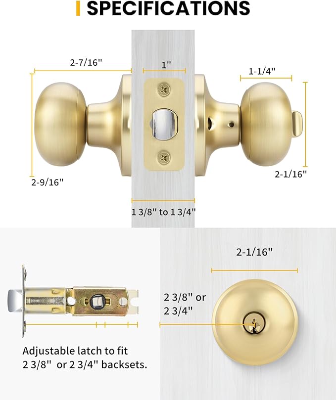 Goldenwarm Keyed-Alike Gold Exterior Door Knob with Lock and Key, Front Door Knob, Brushed Gold Door Knobs Exterior Entry 1 Pack
