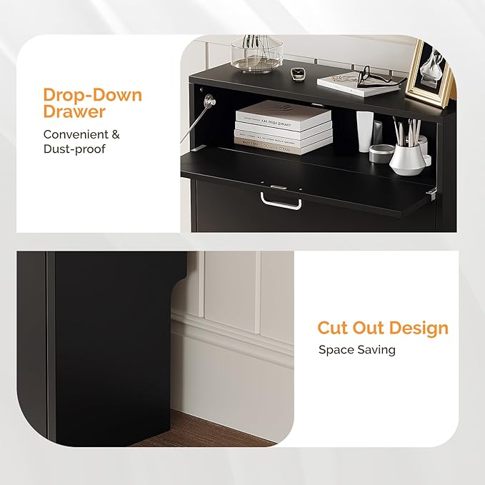 VINGLI Shoe Cabinet Storage for Entryway Ultra Slim with 2 Flip &1Drop-Down Drawers, 24.8" W Narrow Shoe Cabinet for Front Door Entrance,Freestanding Black Wood Shoes Organizer for Hallway