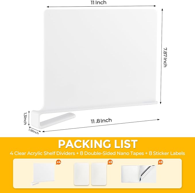 JOY DECOR 6 Pack Acrylic White Shelf Dividers for Closets Organizer and Storage Adjustable Vertical Wood Shelf Closet Separators for Clothes,Book,Bags in Bedroom and Kitchen