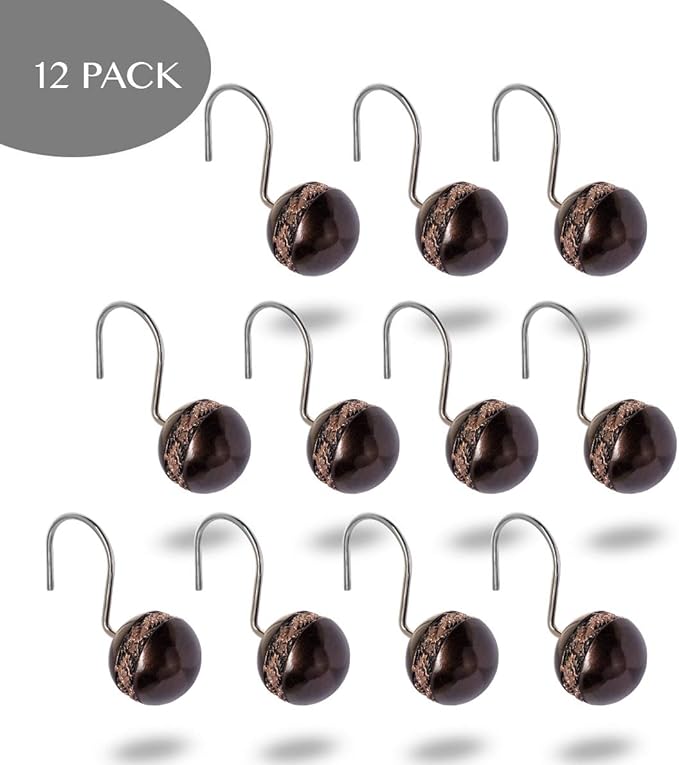 Creative Scents Dublin Brown Shower Curtain Hooks - Decorative Set of 12 Durable Shower Rings