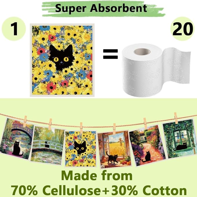 6Pcs 6 Styles Swedish Dishcloth Bulk Reusable Quick Drying Absorbent Sponge 7.7 x 6.8 Inch for Kitchen Countertop Cleaning, Cat Swedish Dish Towel for Dishes Home Tableware Bathroom Use