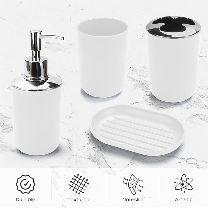 4 Pcs White Bathroom Accessories Set,Bohemian Bathroom Toothbrush Holder Set.Include Soap Dispenser, Soap Dish, Toothbrush Holder, Mouthwash Cup, Modern Bahtroom Decor Set