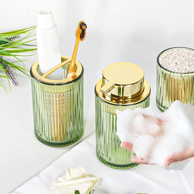Green Glass Bathroom Accessories, 4 Pcs Bathroom Sets Complete, Foaming Soap Dispenser,Toothbrush Holder and Qtip Holder Set,Modern Ribbed Vanity Countertop Organizer for Decor
