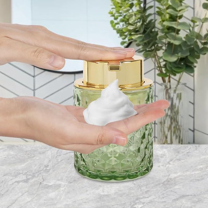 Bathroom Accessories Set, 3pcs Green Glass Bathroom Accessory Set, Toothbrush Holder, Foaming Soap Dispenser and Tumbler, Gold Bathroom Decor Sets for Organizer, Home Apartment Gift