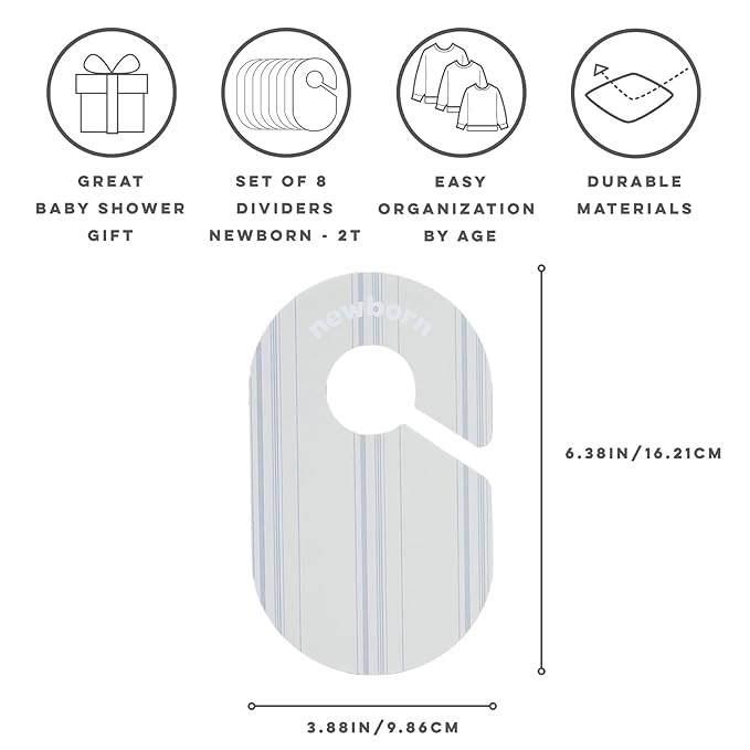 3 Sprouts Baby Closet Dividers Set of 8 - Toddler Clothes Organizer Hanger, Double-Sided Size Labels - Nursery Organization for Newborn Clothing, Infant, Boy & Girl - Stripe