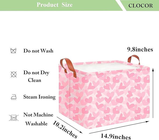 CLOCOR Rectangular Storage Basket Empty,Pink Valentines' Day Gift Basket,Waterproof Storage Bin with Handles,Room Decor(Double Pink Heart)