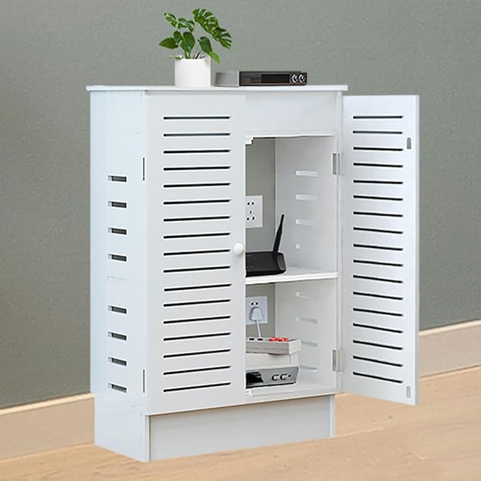 WiFi Router Storage Cabinet, Floor Standing Router Storage Box Modem, Power Strip and Cable Management Hider Organizer for Home and Office (White)