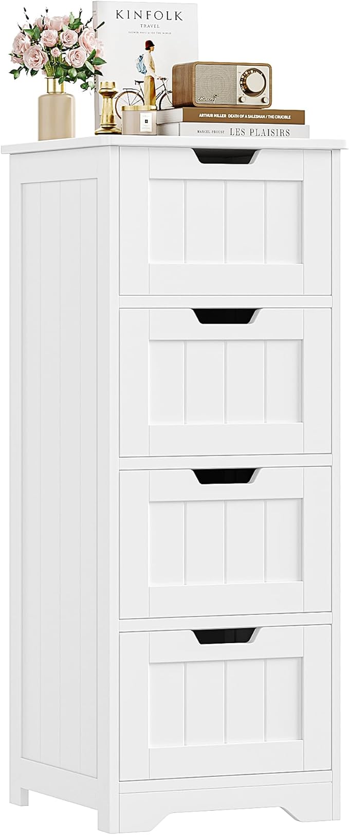 FOTOSOK Bathroom Storage Cabinet, Bathroom Cabinet with 4 Drawers, 11.8” x 11.8” x 32.5” Freestanding Entryway Cupboard Storage Organizer Unit Home Furniture Decor, White