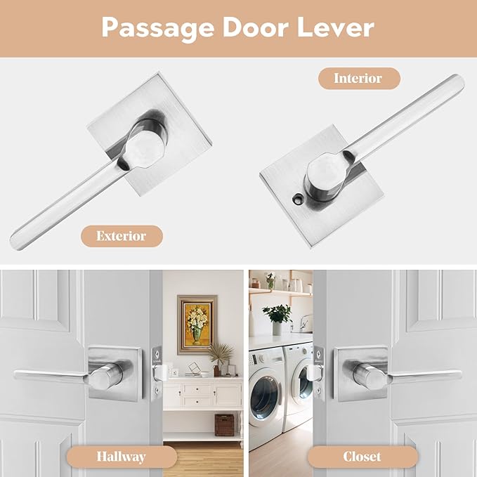 Passage Square Keyless Door Handle Without Key,Only Latch Required,Interior Exterior Free Rotation/One-Touch Opening,Reversible Left Right Lever Lock,ADA-Compliant,for Hallway Closet