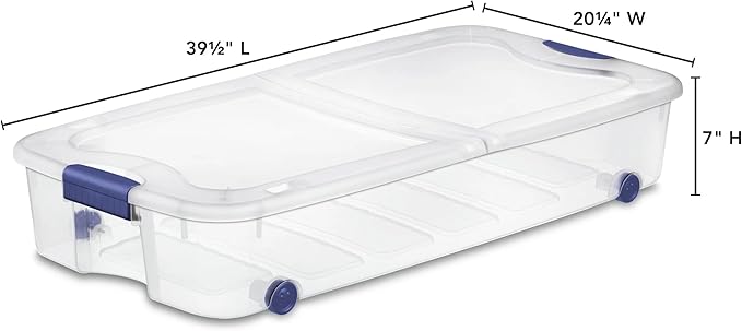 Blue 66-Quart Clear Underbed Storage Bin with Wheels & Latch Lid, Multi-Use Large Under-Bed Organizer